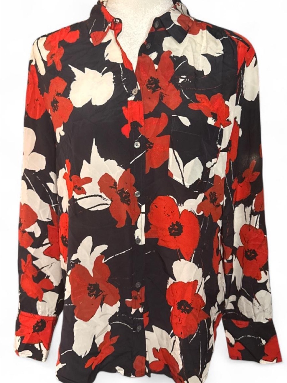 J. Crew 100% Silk Black Button-Down Shirt with Red & White Floral Print